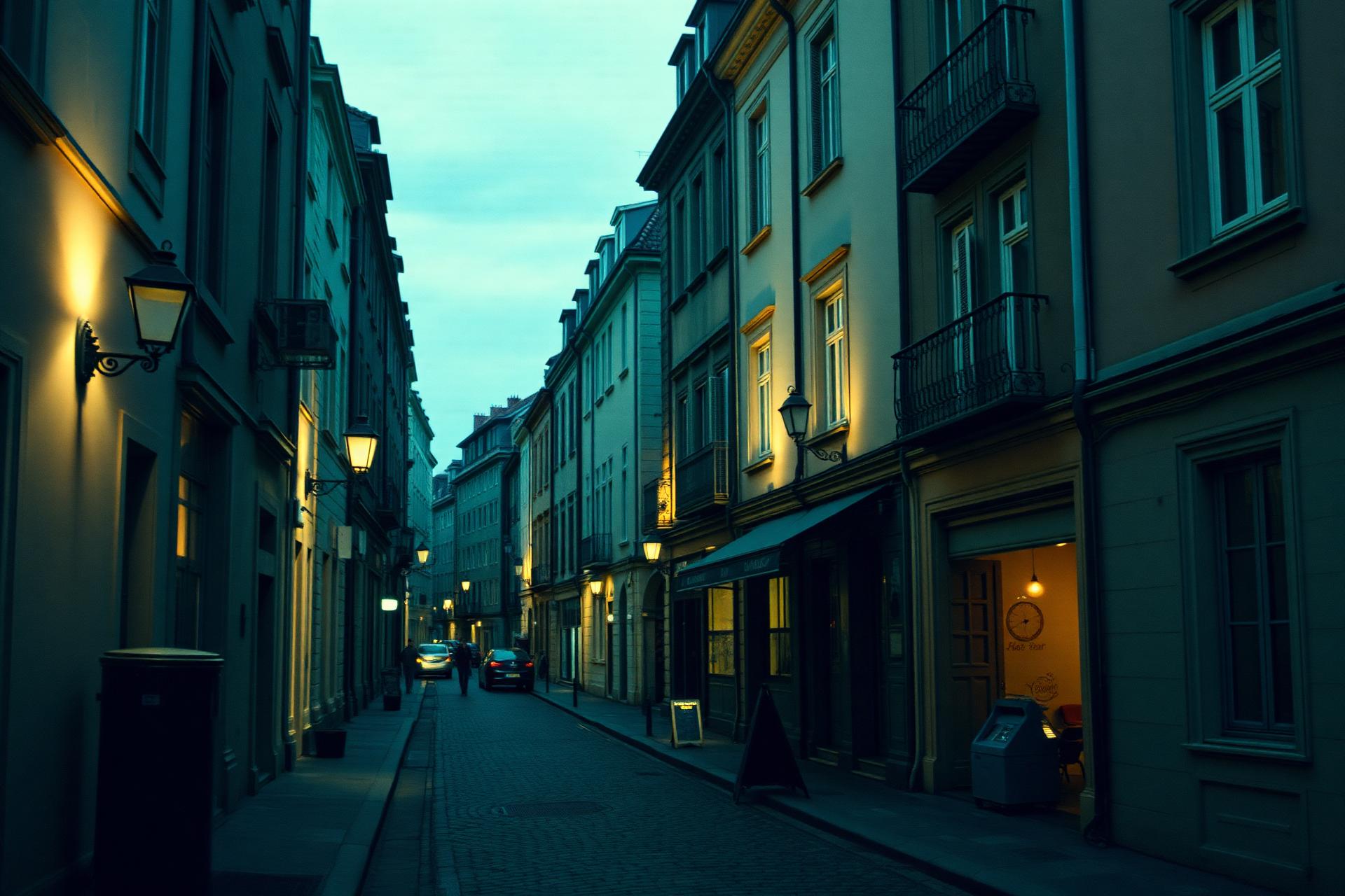 Atmospheric old European street at blue hour